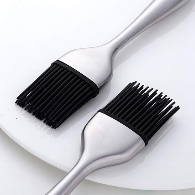 2 Pack Grill Basting Brush with 2 Pack Back Up Silicone Brush Heads, No Shed Bristles Stainless Steel Handles Heatproof Rust Resistant, Pastry Brushes for Kitchen Cooking BBQ (Silver)