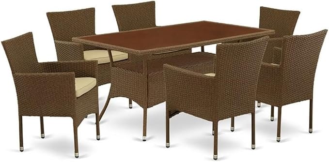 East West Furniture OSBK7-02A 7 Piece Outdoor Wicker Patio Furniture Sets Consist of a Rectangle Bistro Table with Glass Top and 6 Balcony Armchair with Cushion, 36x60 Inch, Brown