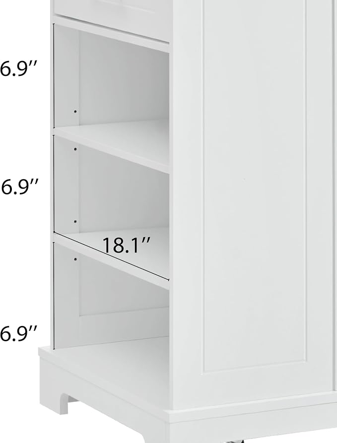 Ball & Cast Fluted Kitchen Island with Trash Can Storage Cabinet,Power Outlet,Internal Storage Rack,Rolling Kitchen Islands On 5 Wheels W/ 3 Drawer & 3 Open Side Racks for 10 Gallon Garbage Bin,White