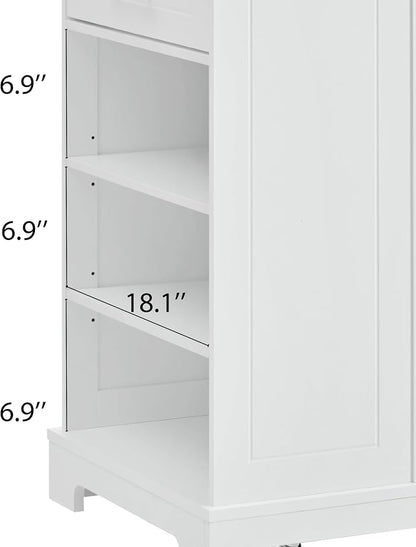 Ball & Cast Fluted Kitchen Island with Trash Can Storage Cabinet,Power Outlet,Internal Storage Rack,Rolling Kitchen Islands On 5 Wheels W/ 3 Drawer & 3 Open Side Racks for 10 Gallon Garbage Bin,White