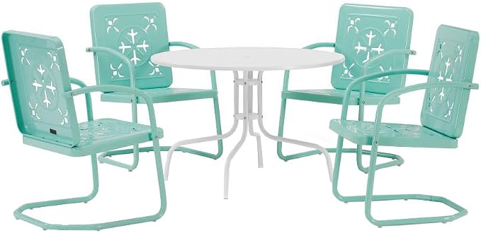 Crosley Furniture Azalea 5-Piece Vintage Outdoor Dining Set for 4, Retro Metal Round Patio Table and Chairs, Aqua Gloss/White Satin