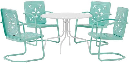 Crosley Furniture Azalea 5-Piece Vintage Outdoor Dining Set for 4, Retro Metal Round Patio Table and Chairs, Aqua Gloss/White Satin