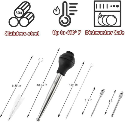 Turkey Baster, Professional Turkey Baster Syringe for Cooking with Cleaning Brush and Marinade Tools, Stainless Steel Turkey Baster for Oiling and Marinating Turkey, Beef, Pork, Fish