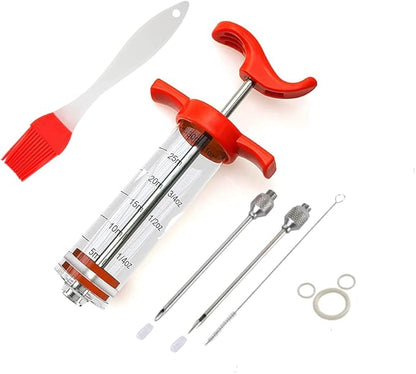 Meat Injector Kit, Plastic Marinade Turkey Injector Syringe with Screw-on Meat Needle for BBQ Grill,1-oz,with 2 Professional Needles,1 Cleaning Brush,3 Extra O-Rings,1 Brush For Basting