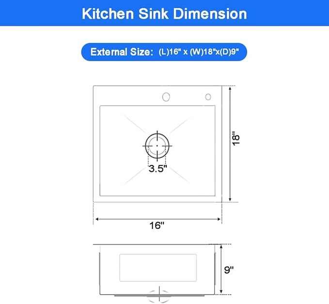 16 x 18 Inch Modern Drop In Kitchen Bar Sink, 304 Stainless Steel Black Single Bowl Topmount Sink, Nano Laundry RV Deep Workstation Sinks with Drain Strainer & Grid