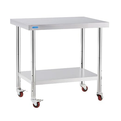 KUARBARR Stainless Steel Table for Prep & Work with 4 Caster Wheels with Undershelf 30 x 36 NSF Metal Commercial Kitchen Adjustable Under Shelf Worktable for Restaurant Home Outdoor