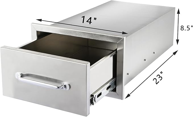 Ryan 14x8.5x23 Inch Outdoor Stainless Kitchen Drawers, 1-Tier Stainless Steel BBQ Drawers, Single Access with Handle for BBQ Island
