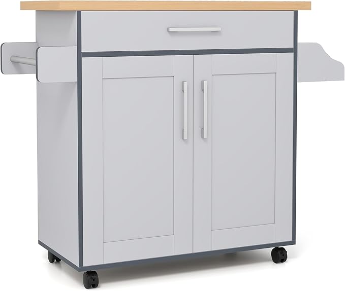 COSTWAY Kitchen Island On Wheels, Rolling Storage Trolley Cart | with Large Cabinet, Drawer, Spice Rack and Towel Rack, Kitchen Serving Utility, 3-Position Adjustable Shelf (Grey)