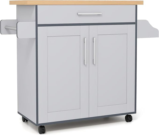 COSTWAY Kitchen Island On Wheels, Rolling Storage Trolley Cart | with Large Cabinet, Drawer, Spice Rack and Towel Rack, Kitchen Serving Utility, 3-Position Adjustable Shelf (Grey)