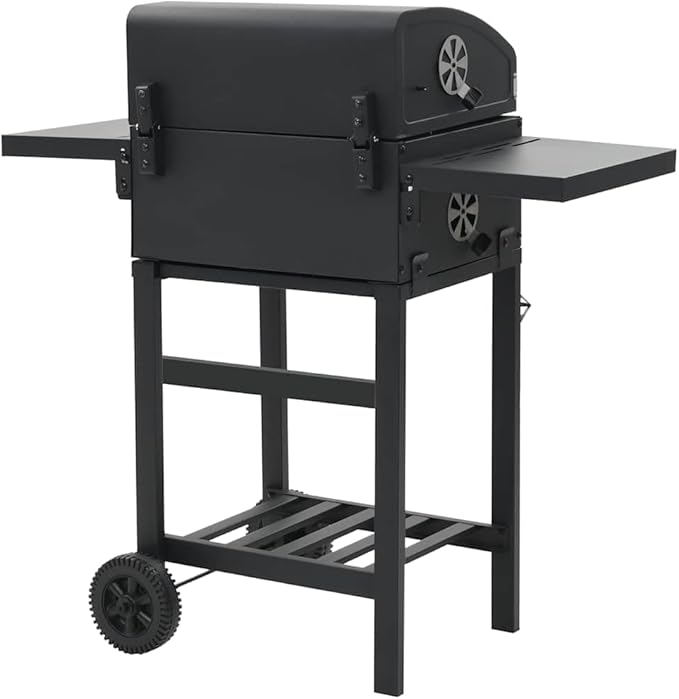 Charcoal BBQ Grill with Dual Side Tables, Outdoor Heavy Duty Barbecue Smoker with Integrated Thermometer, 2 Castors, Bottom Storage Shelf, Black