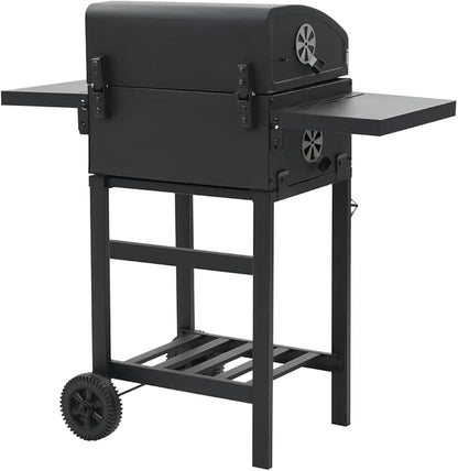 Charcoal BBQ Grill with Dual Side Tables, Outdoor Heavy Duty Barbecue Smoker with Integrated Thermometer, 2 Castors, Bottom Storage Shelf, Black