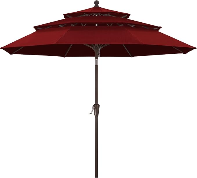 ABCCANOPY 9FT 3-Tier OLEFIN® Patio Umbrella, 5-Year No Fading, Burgundy | Heavy Duty Fade-Resistance Outdoor Table Umbrella, 8 Sturdy Ribs, Tilt, Crank for Deck, Backyard, Garden, Yard, Pool