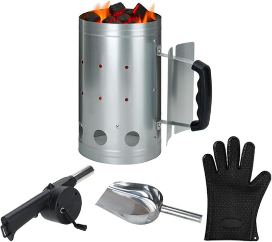 Palmhill Premium Charcoal Chimney Starter Set with Hand Crank Blower, Heat-Resistant Glove & Coal Shovel – Fast & Safe BBQ Charcoal Ignition for Grilling, Camping, and Outdoor Cooking