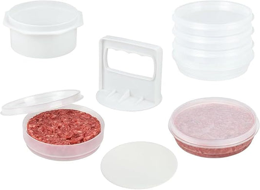 Hamburger Press Patty Maker - 4 in 1, Burger Mold, Patty Press, 8 Storage Containers, 100 Round Papers - Hamburger Patty Maker Tool for BBQ - Burger Shaper for Meat, Veggie Patties