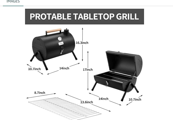 JY COOKMENT Portable Charcoal Grill, Tabletop Barbecue Grill with Carrying Bag, Black Steel, 14x10.7x16.3 Inches