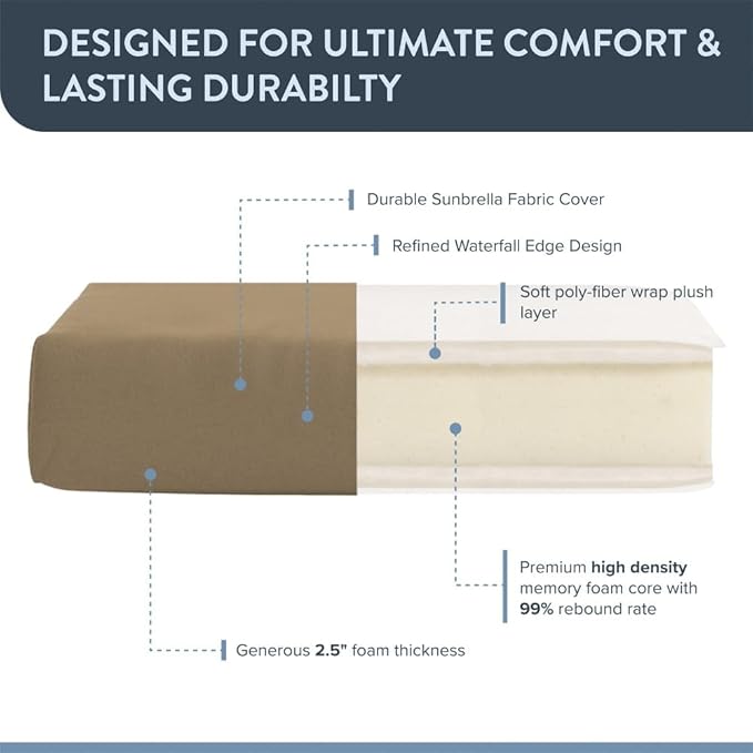 California Umbrella Outdoor Dining Chair, Set of 4 Patio Seat Cushions, 20 x 40 Inch, Premium Outdoor Memory Foam, Fade Resistant, Sunbrella Fabric, Fabric Ties, Heather Beige