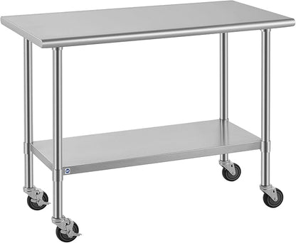 ROCKPOINT All Stainless Steel Prep Table with Caster 24x48 Inch, Commercial Heavy Duty Workbench with Stainless Legs & Adjustable Undershelf, 830 lb Capacity for Outdoor Kitchens with Wheel