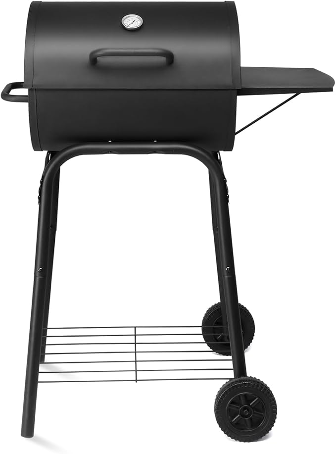 Charcoal Grill Outdoor BBQ Smoker, 33.8 Inch Barrel Barbecue Grill with Height-Adjustable Charcoal Tray, Warming Rack, Side Table and Wheels for Backyard Camping Picnic Patio, Black