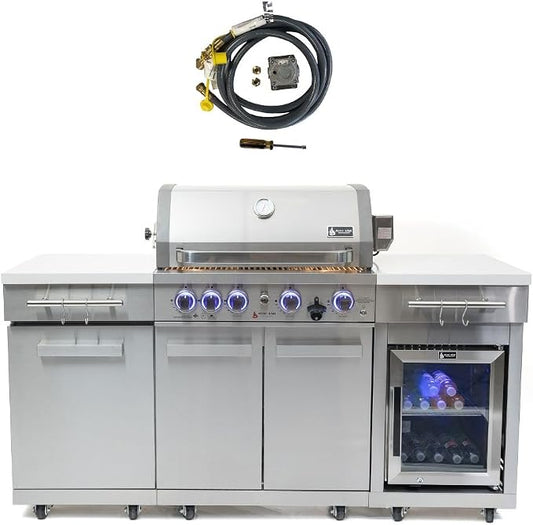 Mont Alpi Premium 70"W x 24"D Stainless Steel Outdoor Kitchen Island with Refrigerator + 32"W 4-Burner BBQ Grill + Infrared Burner + Storage Cabinets + Granite Countertops + Natural Gas Conversion Kit