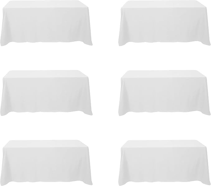 BRILLMAX 6 Pack White Tablecloths 90x132 Inch for 6ft Rectangle Tables | 150 GSM Polyester Fabric, Floor Length Drop, Water, Stain & Wrinkle Resistant Cloth Cover for Wedding Reception Banquet Party