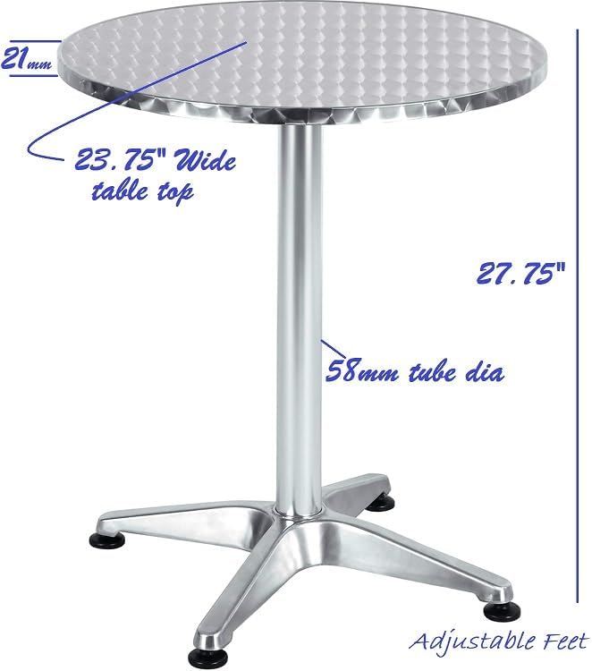 Indoor Outdoor 23.75" Restaurant Stainless Steel Aluminum Metal Slat Stack Commercial Lightweight, 2 Chairs with a Round Table, Silver/Bronze