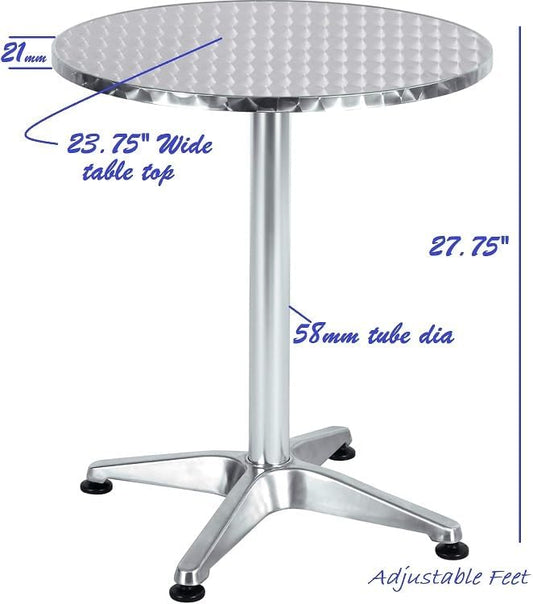Indoor Outdoor 23.75" Restaurant Stainless Steel Aluminum Metal Slat Stack Commercial Lightweight, 3 Chairs with a Round Table, Silver/Bronze