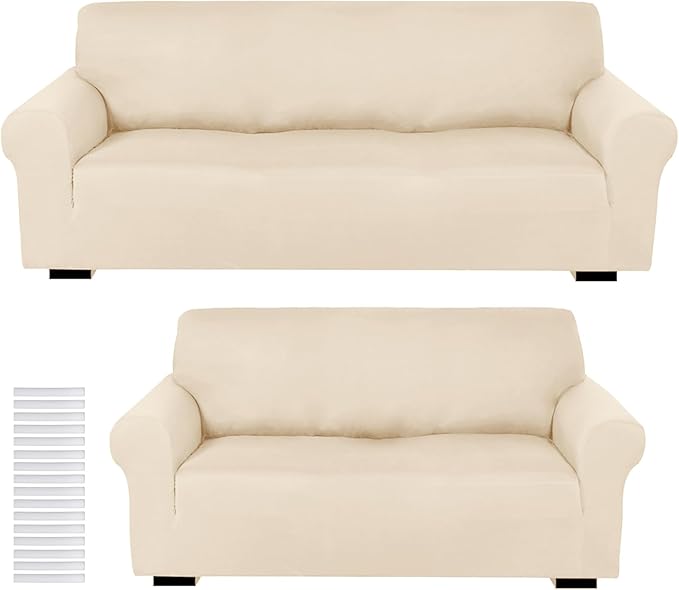Peryiter 2 Pcs Couch and Loveseat Sofa Covers,Cream,Milk Silk | Armchair Covers for Living Room, Sofa Cushion Slipcover 2/3 Seater, Furniture Protector, Polyester and Spandex, Washable