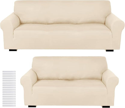 Peryiter 2 Pcs Couch and Loveseat Sofa Covers,Cream,Milk Silk | Armchair Covers for Living Room, Sofa Cushion Slipcover 2/3 Seater, Furniture Protector, Polyester and Spandex, Washable