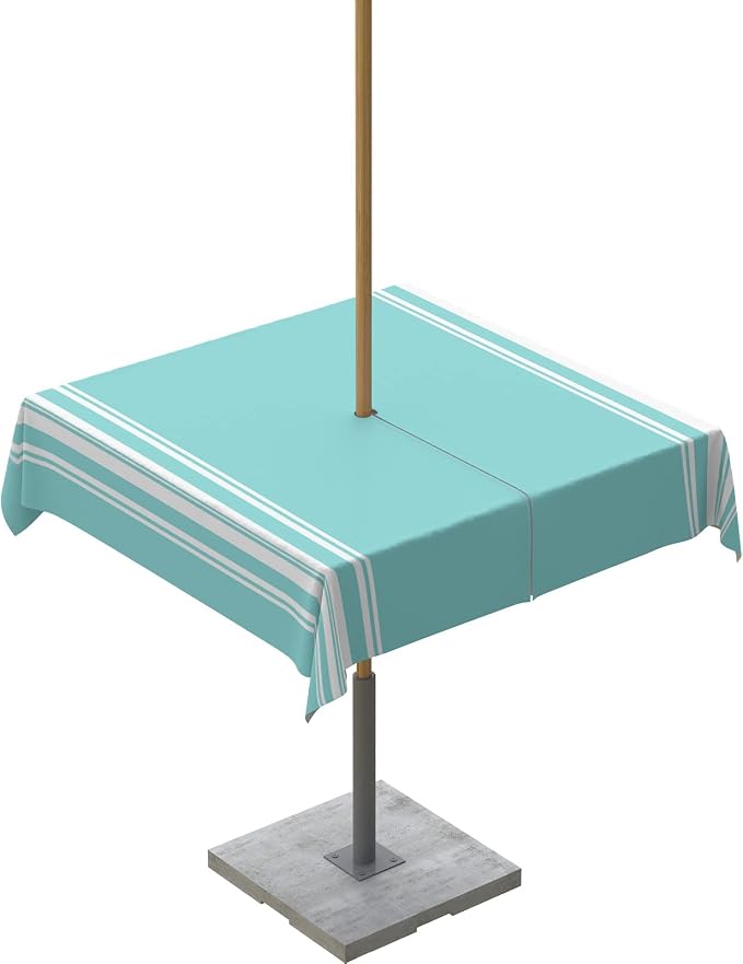 QueenKer Outdoor Tablecloth with Umbrella Hole, Farmhouse Teal White Stripe Square Tables Waterproof Tabletop Collection for Patio, Garden, Picnic, Camping, Dining 60 x 60 inch