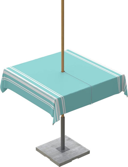 QueenKer Outdoor Tablecloth with Umbrella Hole, Farmhouse Teal White Stripe Square Tables Waterproof Tabletop Collection for Patio, Garden, Picnic, Camping, Dining 60 x 60 inch