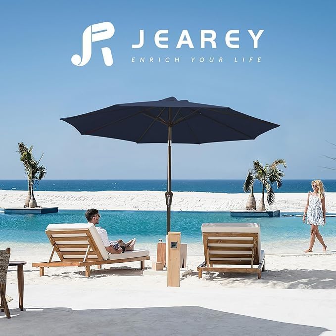 JEAREY Outdoor Patio Umbrella 9FT Outdoor Table Umbrella with Push Button Tilt and Crank, Market Umbrellas 8 Sturdy Ribs UV Protection Waterproof for Garden, Deck, Pool (Purplish Blue)