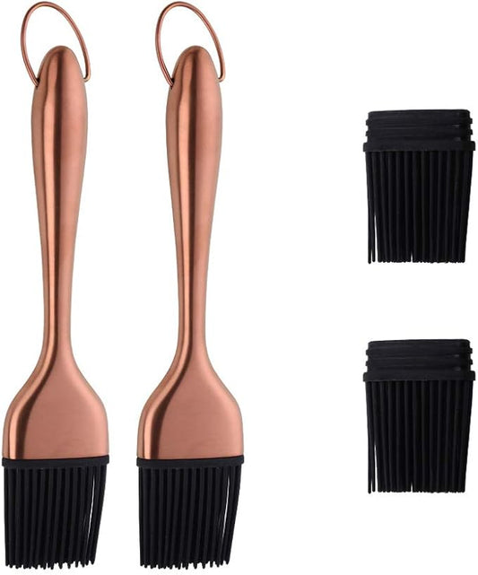 2 Pack Grill Basting Brush with 2 Pack Back Up Silicone Brush Heads, No Shed Bristles Stainless Steel Handles Heatproof Rust Resistant, Pastry Brushes for Kitchen Cooking BBQ (Rose Gold)