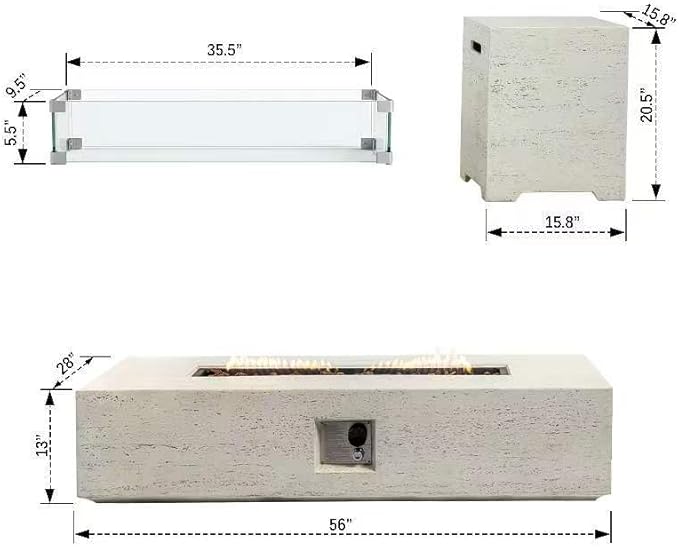 56-inch Rectangle Propane Gas Fire Pit Table, CSA Certified 50,000 BTU Outdoor Fireplace for Backyard, Porch, Garden (White, Fire Pit with Wind Guard&Tank)