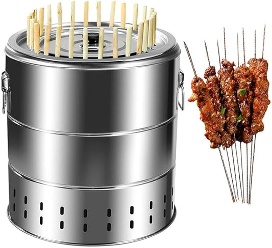 Stainless Steel Smokeless Charcoal Grill - 360° Rotating BBQ Insulated with Cotton Includes 20 Skewers & Accessories for Multi-Functional Outdoor Cooking
