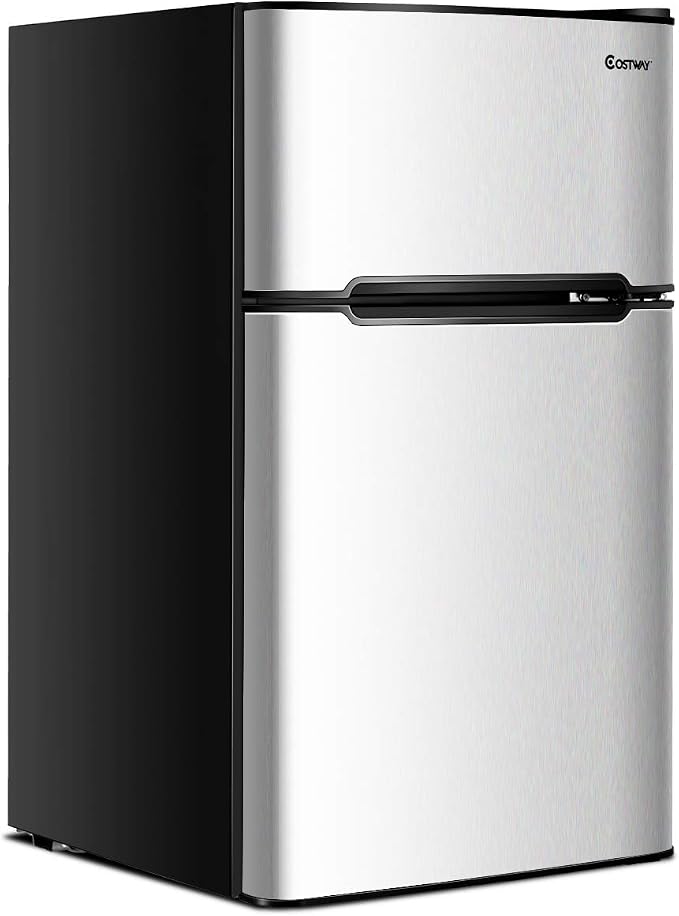 COSTWAY 3.2 Cu.ft. Mini Fridge with Freezer for Bedroom, Dorm, Office | Small Compact Refrigerator with Reversible 2-Door, Adjustable Temperature, LED Lights, Removable Glass Shelves, Grey
