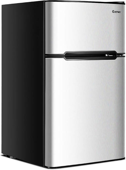 COSTWAY 3.2 Cu.ft. Mini Fridge with Freezer for Bedroom, Dorm, Office | Small Compact Refrigerator with Reversible 2-Door, Adjustable Temperature, LED Lights, Removable Glass Shelves, Grey