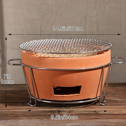 Clay Charcoal Stove, Multifunctional Pottery Barbecue Stove, Portable Ceramic Grill, Tabletop BBQ Grill for Home, Picnic, Camping, Tea Making and Outdoor Cooking(14.5x7in 37x18cm)