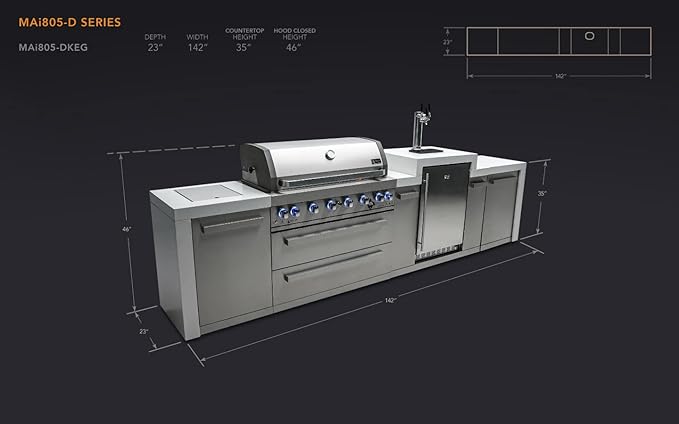Mont Alpi 142"W Stainless Steel Deluxe Modular Outdoor Kitchen Island with Side Burner + 3 Tap Kegerator Refrigerator + 44"W 6-Burner BBQ Gas Grill + Granite Countertops + Storage Cabinets & Drawers