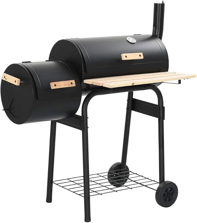 Offset Smoker BBQ Grill with Side Firebox, Charcoal Grill for Outdoor Cooking, Smoking and Grilling with Integrated Thermometer and Shelves, Black