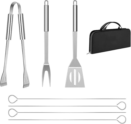 BBQ Grill Tools Set with Carry Bag Stainless Steel Barbeque Accessories for Camping & Backyard (7in1)