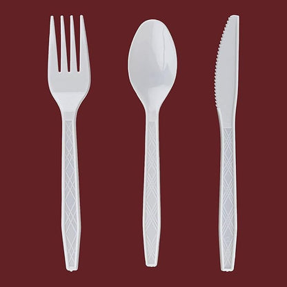 PARTY BARGAINS Argyle White Plastic Cutlery Set 720 -Piece – 360 Forks, 240 Spoons, 120 Knives – Heavy-Duty Disposable Utensils for Parties, Weddings, Buffets, BBQs & Catering – BPA Free