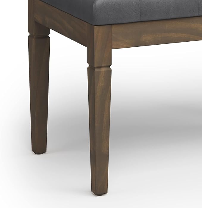 SIMPLIHOME Dahlia 18" x 46" Solid Wood Outdoor Indoor Bench in Taupe | Traditional tufted ottoman bench with carved legs; ideal bedroom or living room footstool or footrest.