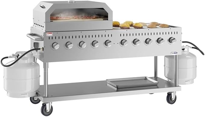 Pemberly Row 72" Commercial Outdoor Propane Gas Grill with Dual 36" Pizza Ovens, 10-Burner Stainless Steel BBQ