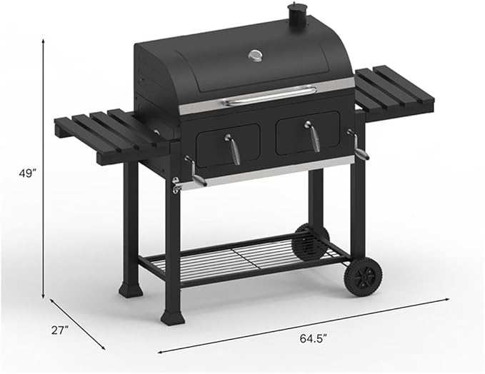 Maklaine Traditional Steel Extra Large Dual Zone Charcoal Grill, 790 Sq In Cooking Space, Porcelain-Coated Cast Iron Grates, Fold-Down Side Tables, Warming Racks, Precision Air Flow Dampers, Outdoor
