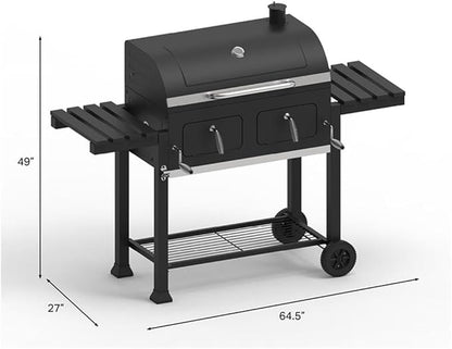 Maklaine Traditional Steel Extra Large Dual Zone Charcoal Grill, 790 Sq In Cooking Space, Porcelain-Coated Cast Iron Grates, Fold-Down Side Tables, Warming Racks, Precision Air Flow Dampers, Outdoor