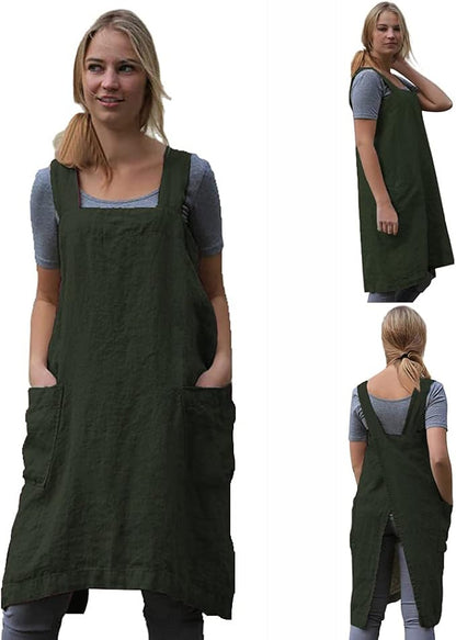TBA Cotton Linen Apron Cross Back Apron for Women with Big Pockets Square Pinafore Dress for Baking Cooking BBQ & Grill