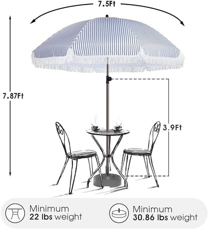 7.5Ft Patio Beach Umbrella with Fringe & Tassel, UPF50+ Push Button Tilt & Crank, Ideal for Garden, Lawn, Deck, Yard & Pool