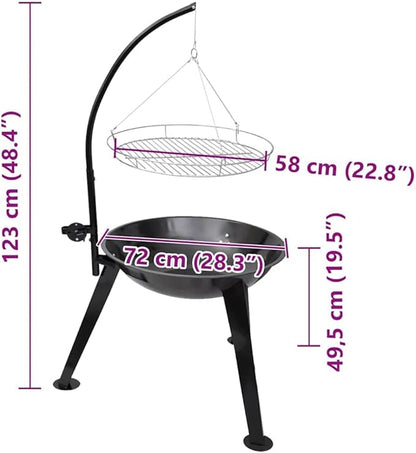 Charcoal Barbecue Stand with 22.8 Inch Height Adjustable Hanging Grill Plate, Round Steel BBQ Grill for Grilling, Baking, Smoking at Picnics, Parties, Campings