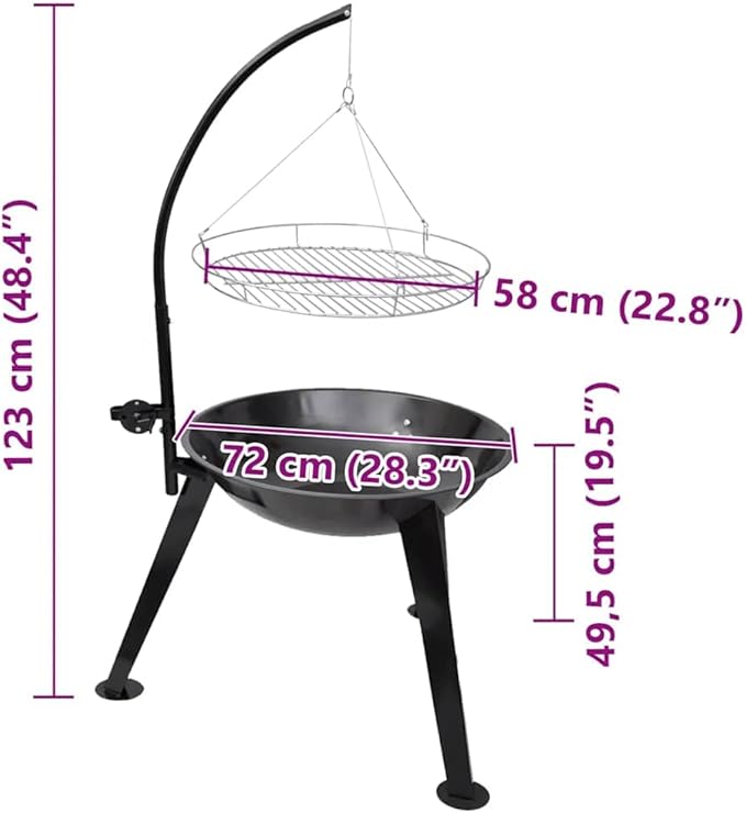 Charcoal BBQ Grill Stand with Height Adjustable Hanging Grilling Plate, 22.8 Inch Round Barbecue Pit for Outdoor Backyard Parties, Camping, and Picnics, Black