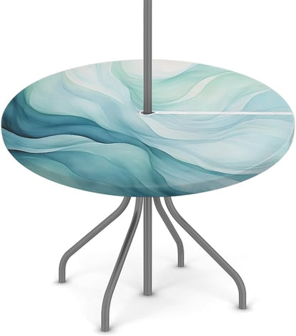 Fitted Round Tablecloth with Umbrella Hole and Zipper Abstract Teal Blue Outdoor Elastic Table Cloth 45"-56" Oil-Proof Waterproof Texture Patio Table Cover for Party Outdoor
